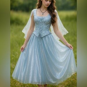 VTG Shimmer Pastel Blue Long Dress Corset Fairy Gown Spring Formal & Shawl  12